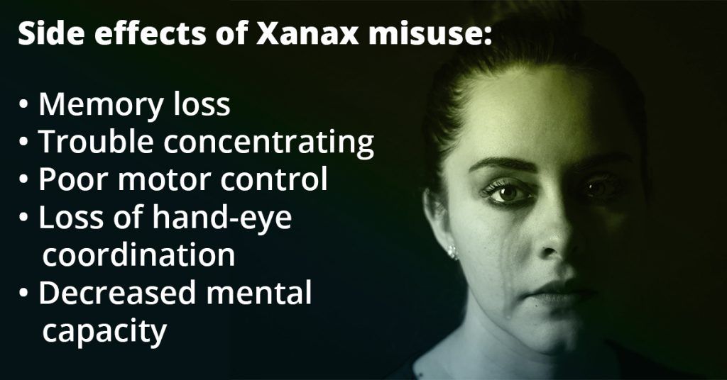 Side effects of Xanax misuse: memory loss, trouble concentrating, poor motor control, loss of hand-eye coordination, decreased mental capacity